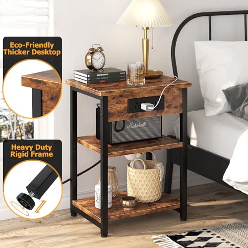 End Tables Set of 2 with Charging Station USB Ports, 3 Tier Tall Night Stand with Storage Shelves, Record Player Stand Narrow Side Table for Small Space Living Room Bedroom Office, Easy Assembly,Black