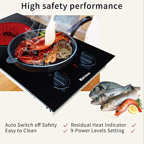 Karinear 2 Burner Electric Cooktop 12 Inch Built-in Electric Stove Top, 220v- 240v Electric Radiant Cooktop with Residual Heat Indicator, Knob Control, Over-Temperature Protection, Hard Wire(No Plug)