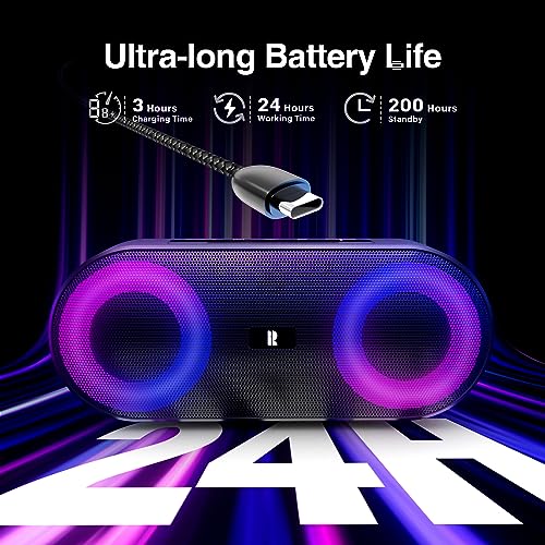 Rythflo Bluetooth Speakers, [Blod Bass & Dynamic Lights] Portable Wireless Speaker with 20W Powerful Sound, 24Hrs Playtime, Build-in MIC, IP66 Waterproof/Dustproof Blue Tooth Speaker