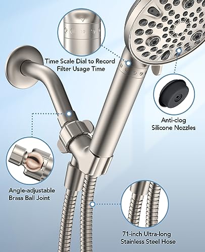 MakeFit Handheld Shower Head with Filter Brushed Nickel - High Pressure 10 Spray Modes Filtered Shower Head with Hose, Bracket and Hard Water Shower Filters to Remove Chlorine and Heavy Metals