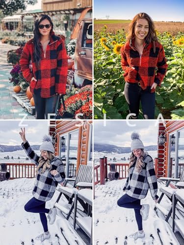 ZESICA Women's Plaid Long Sleeve Zipper Sherpa Fleece Sweatshirt Pullover Jacket Coat with Pockets,Black,Small