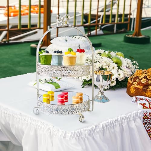 Quegroot Silver 2 Tier Crystal & Metal Cake Stand, Round, 20 x 11 x 10 inches, 6.5 lbs Capacity, Dessert Tray for Party, Baby Shower, Wedding Decor