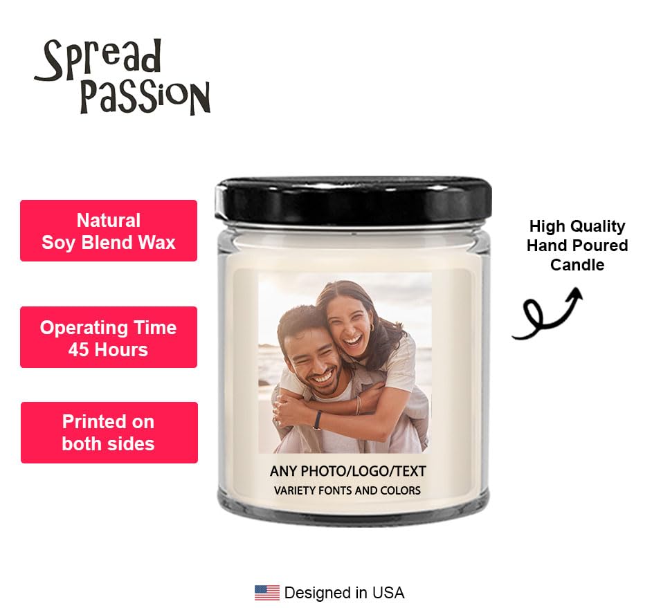 SpreadPassion Customize Candle, Create Your Own Photo Candle, Custom Text and Photo Candle, Personalized Candle Jar, 9 Oz Scented Candle, Birthday Christmas Basket Gift Idea