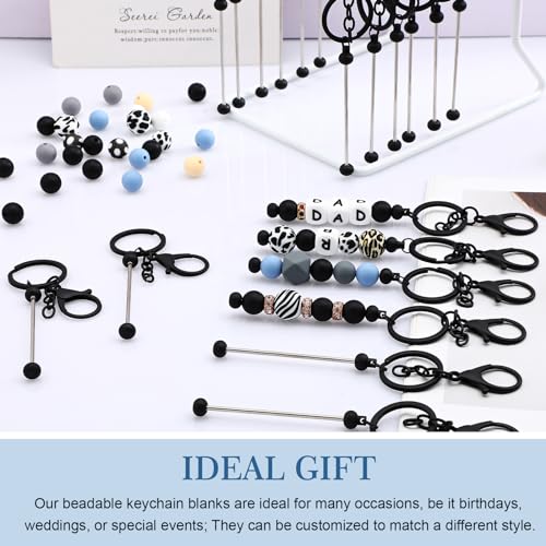 Tondiamo 24 Pcs Beadable Keychain Bars Bulk Beads for Keychain Making Kit Gifts for Women Men DIY Crafts(Black)