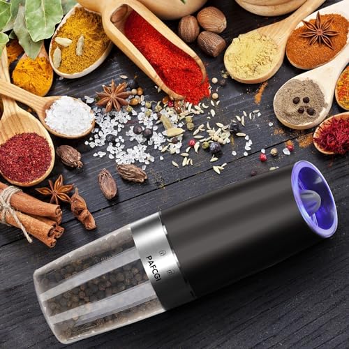 Gravity Electric Salt and Pepper Grinder Set of 2, Adjustable Coarseness, Automatic Mill Grinder, Battery Powered with Blue LED Light, One Hand Operated (Black 2 Pack)