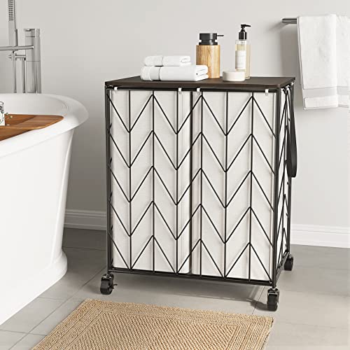 WOWLIVE Laundry Basket with Wheels, Heavy Duty Laundry Hamper with Wood Lid, Clothes Hamper with Divided Removable Liner Bag, Large Capacity Iron-Made Laundry Sorter Laundry Room Organization (Beige)