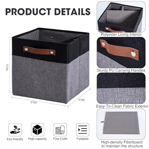 DUHEL Cube Storage Bins 4 Pack,11 Inch Collapsible Storage Bins,Fabric Storage Cubes Can be Usd Closet Organizers and Storage Box Shelf Basket. (Black&Grey-4pcs)