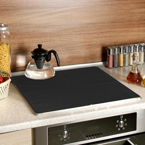 Electric Stove Cover Silicone Mat - 28 x 20 Ceramic Stove top Cover, Heat Resistant Glass Cooktop Cover, Flat RV Range Stovetop Protector, XL Dish Drying Mats for Kitchen (Black)