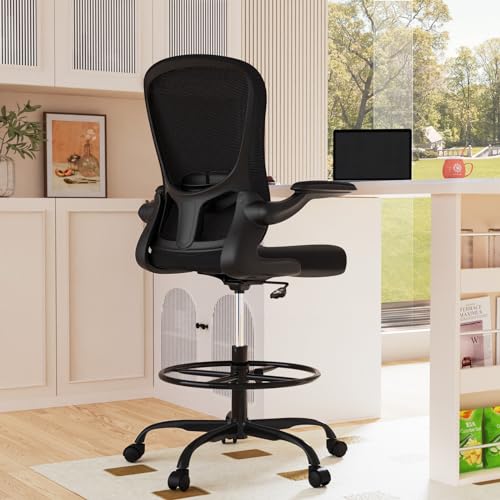 Drafting Chair, Tall Office Chair with Flip-up Armrests Executive Ergonomic Computer Standing Desk Chair, Office Drafting Chair with Lumbar Support and Adjustable Footrest Ring