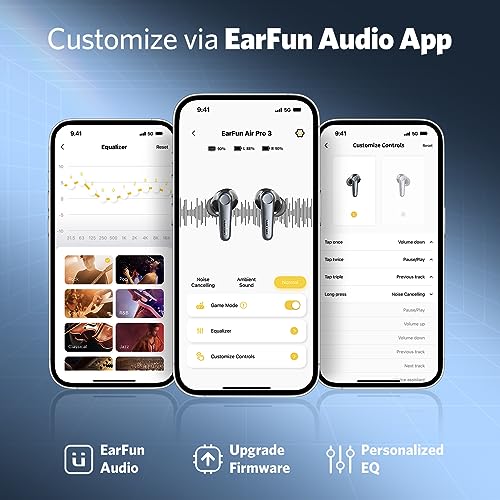 EarFun Air Pro 3 Noise Cancelling Wireless Earbuds, Qualcomm® aptX™ Adaptive Sound, 6 Mics cVc 8.0 ENC, Bluetooth 5.3 Earbuds, Multipoint Connection, 45H Playtime, App Customize EQ, Wireless Charging