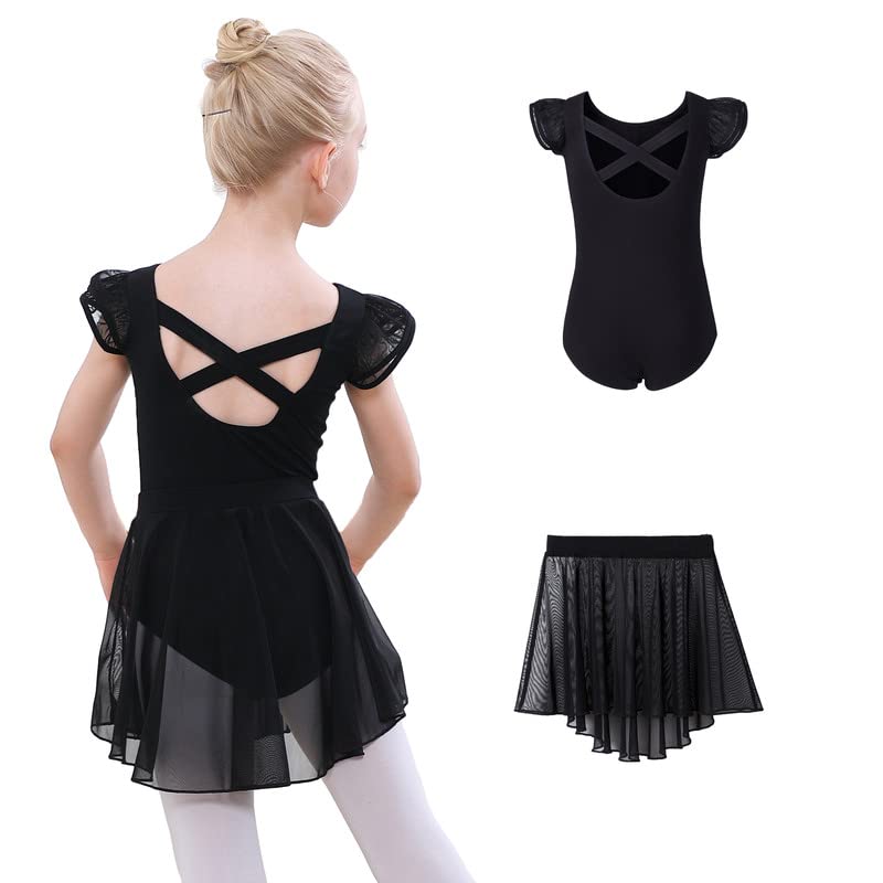 DIPUG Girls Ballet Leotards with Removable Skirt Toddler Flutter Sleeve Criss Cross Back Dance Leotard Combo 2t 3t 4t XS Black
