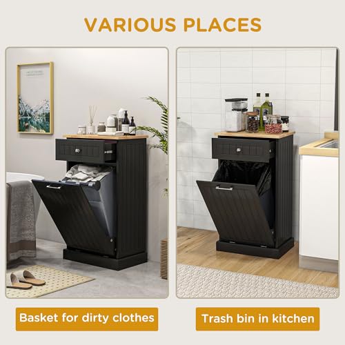 HOMCOM Kitchen Tilt Out Trash Bin Cabinet Free Standing Recycling Cabinet Trash Can Holder with Drawer, Black