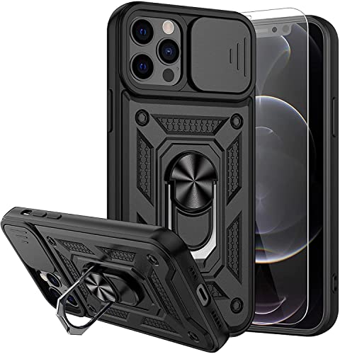 VEGO for iPhone 12 Pro Case, iPhone 12 Case with Screen Protector & Slide Lens Cover, Built-in 360°Kickstand Magnetic Cover Case for iPhone 12 / iPhone 12 Pro 6.1 inch 2020 Released - Black