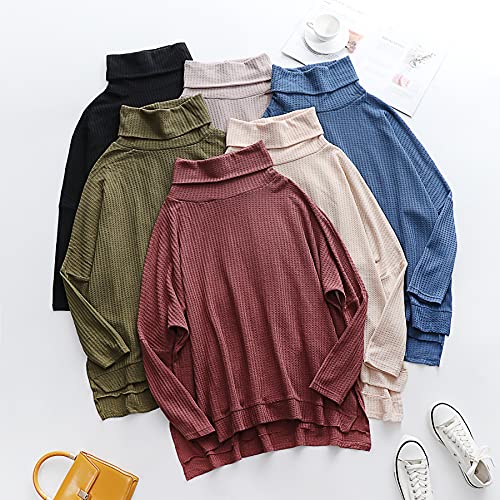 ANRABESS Women's Oversized Turtleneck Batwing Long Sleeve Waffle Knit Tunic Sweater Top 2024 Fall Trendy Pullover Shirts Pink Small