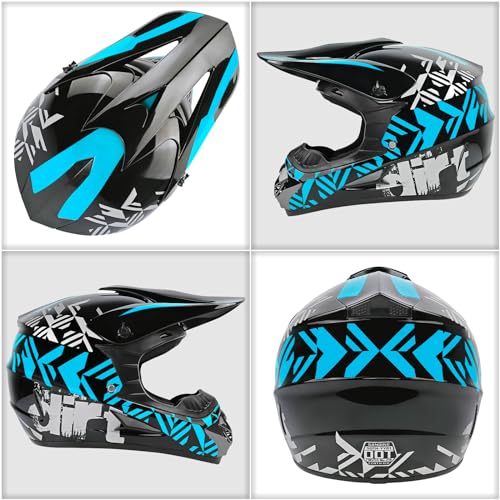 Youth Dirt Bike Helmets Fashion Motocross Helmet Kids ATV Off-Road Helmets Moutain Bike Motorcycle Helmets DOT Approved (Goggles Gloves Faceshield) (Blue, Small)