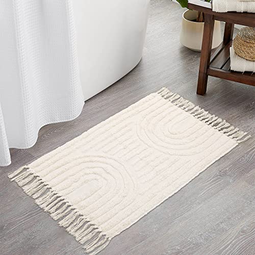 Lanffia Boho Bathroom Rug 2' x 3', Washable Small Front Entryway Rugs, Beige Hand-Woven Tufted Cotton Rainbow Rug with Tassels Farmhouse Kitchen Carpet for Foyer Bedroom Back Door Decor