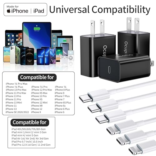 for iPhone 14 13 12 11 Charger Fast Charging [MFi Certified], 3-Pack 20W PD USB C Wall Charger Block with 6.6ft USB C to Lightning Cable Compatible with iPhone 14 Pro Max/Pro/Plus/Mini/iPad & More