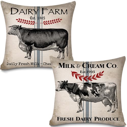 Vintage Farmhouse Animal Pillow Covers 18x18 Set of 2 Retro Farmer's Market Truck Cow Feed Seed Premium Poultry Farm Home Décor Throw Pillow Case Cushion Cover for Sofa (18" X 18")