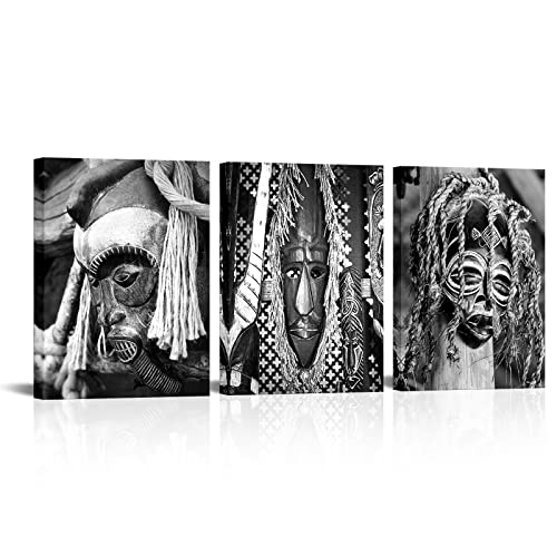 OuElegent Ethnic Canvas Wall Art Tribal Black And White Pictures African Mask Painting for Bedroom Living Room Decorations Framed Ready to Hang (small)