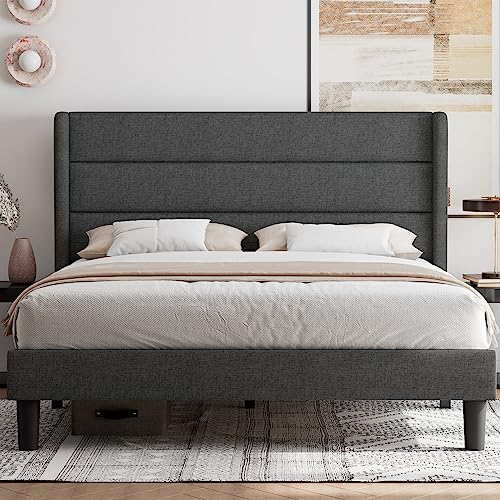 Feonase Queen Bed Frame, Upholstered Platform Bed Wingback, Wood Slats Support, No Box Spring Needed, Easy Assembly, Noise-Free, Dark Gray
