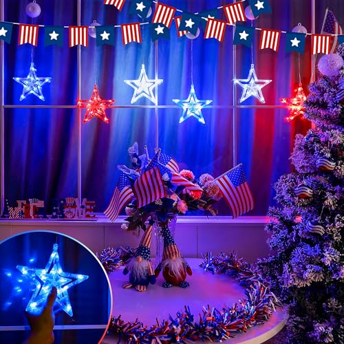 oopswow Red White and Blue Lights,3 Pack 45LED 4th of July Patriotic Lights with Timer Function,Battery Operated Star Lights for Window,Fourth of July Decoration,Independence day,Labor Memorial Day