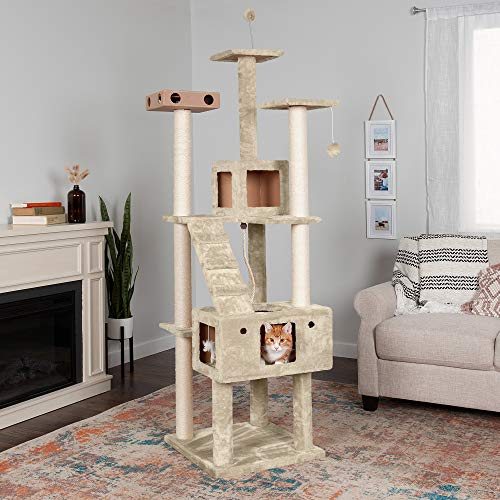 Furhaven 69.3" Tall Cat Tree for Indoor Cats, Ft. Sisal Scratching Posts, 2x Cat Condos, & Toys - Tiger Tough Double Decker Interactive Playground Tower - Cream, One Size