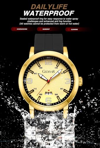 GEDIYAR New Men Sports Watch with Quartz Silicone Band Date Display Waterproof Analog Wrist Watches for Mens (G690 Gold)