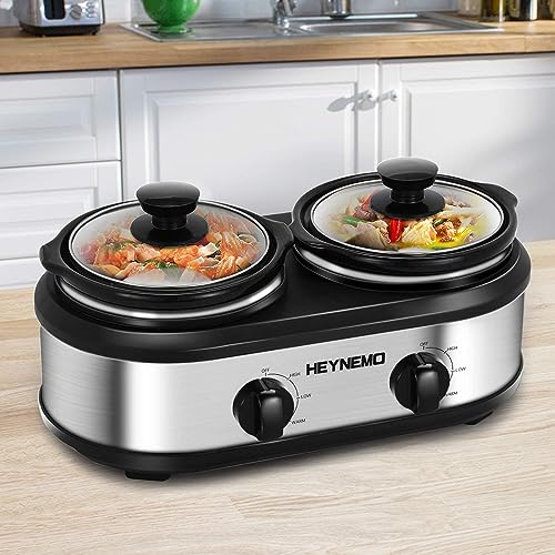 Double Slow Cooker, Buffet Servers and Warmers, Dual 2 Pot Slow Cooker Food Warmer, Adjustable Temp Dishwasher Safe Removable Ceramic Pot Glass Lid, 2 x 1.25 QT Portable Small Crock Cooker