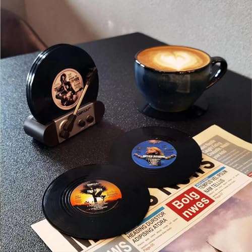 Funny Retro Vinyl Record Coasters, Creative Drink Coasters Set of 6 with Vinyl Record Player Holder for Music Lovers, Housewarming Hostess Gifts, Birthday and White Elephant Gifts Ideas