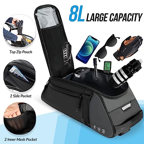 WOTOW Reflective Rear Rack Bag, Water Resistant Bike Saddle Panniers for Bicycles, 8L Trunk Cycling Back Seat Cargo Carrier Storage Pouch With Shoulder Strap for Travel Commute