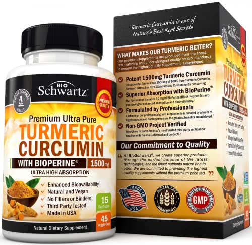 Turmeric Curcumin with Black Pepper Extract 1500mg - High Absorption Ultra Potent Turmeric Supplement with 95% Curcuminoids and BioPerine - Non GMO Turmeric Capsules for Joint Support - 45 Capsules