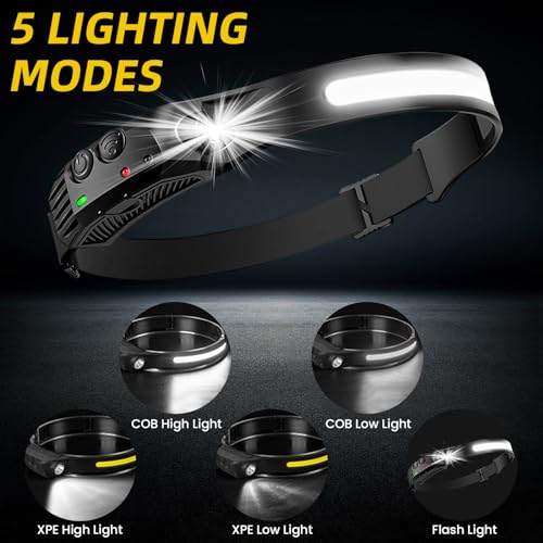 Rechargeable LED Headlamp,COB230° Wide Beam, 5 Modes of Lightweight Headlamps with Motion Sensors, Type-C USB Charging,Suitable for Night Running, Fishing, Cycling, Camping.