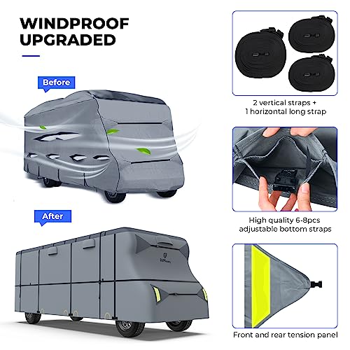 RVMasking 7 Layers top Class C RV Cover for 23'1"-26' Motorhome - Heavy Duty Windproof Rip-Stop Anti-UV with 4 Tire Covers & Gutter Spout Cover