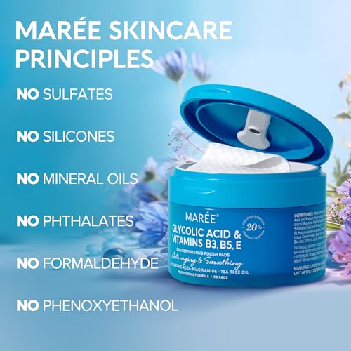 MAREE Glycolic Acid Pads - Toner Pads for Face Cleansing With Tea Tree Oil - Exfoliating Pads with Salicylic Acid & Vitamins E, B3, B5 - Face Pads Facial Peel & Radiance Deep Cleaning Effect - 50 Pads