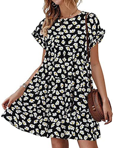 Chuanqi Womens Ruffles Boho Floral Printed Babydoll Loose Swing Casual Short Mini T-Shirt Dress (Yellow, x_s)