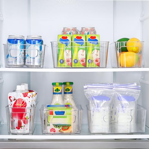 HOOJO Refrigerator Organizer Bins - 2pcs Clear Plastic Bins For Fridge, Freezer, Kitchen Cabinet, Pantry Organization and Storage, BPA Free Fridge Organizer, 12.5" Long-Medium