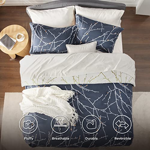 Bedsure Twin Comforter Sets - Bed in a Bag Full 7 Pieces Reversible Navy Blue Flroal Bed Set Tree Branch Pattern Printed with Comforters, Sheets, Pillowcase & Sham