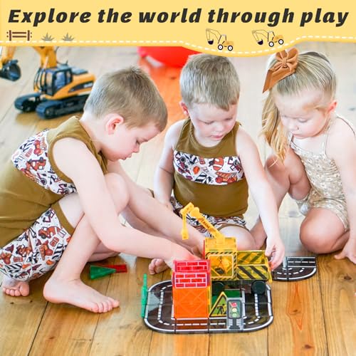 Kids Games Magnetic Tiles Road Set with Extendable Magnetic Crane, City Construction Building Toys for Toddlers STEM Preschool Toys Ages 4-6 5-7, Gifts for 3+ Year Old Boys Girls Kids Toys with Car