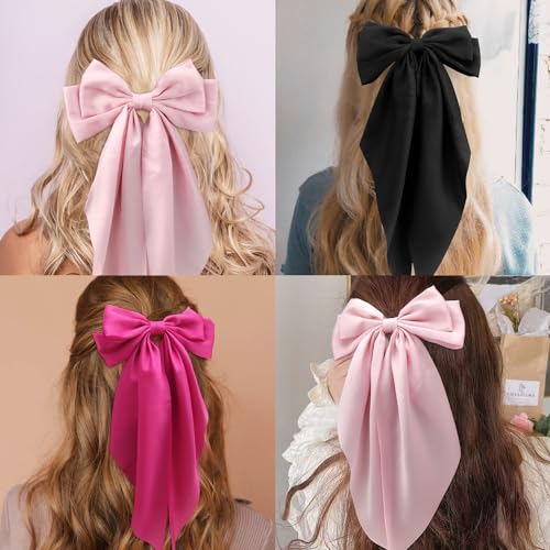 SuPoo 3pcs Red Satin Silk Hair Barrettes - Big Bowknot Coquette Accessories with Long-tail Aesthetic for Women's Hair