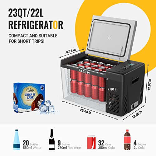 BougeRV 12 Volt Refrigerator 12V Car Fridge 23 Quart Portable Freezer Compressor Cooler 12/24V DC 110~240V AC for Truck Van RV SUV Boat Travel Camping Road Trips Tailgating -7℉~50℉ (Black)