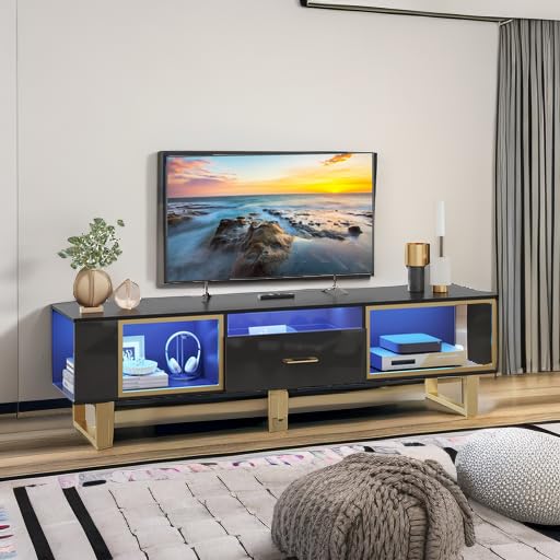 Bestier TV Stand for 65/70/75/80 Inch TV, LED Gaming Entertainment Center with Open Storage and Half-Glass Design Drawer, Modern High Gloss TV Console Table for Living Room, Black and Gold