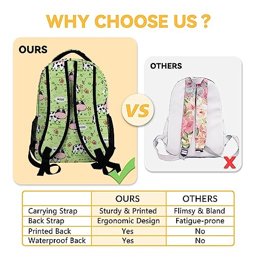 Mercuryelf Cow Backpack for Girls Boys, 16 Inch Green Backpacks for School Travel, Cute Lightweight Bookbag for Kids