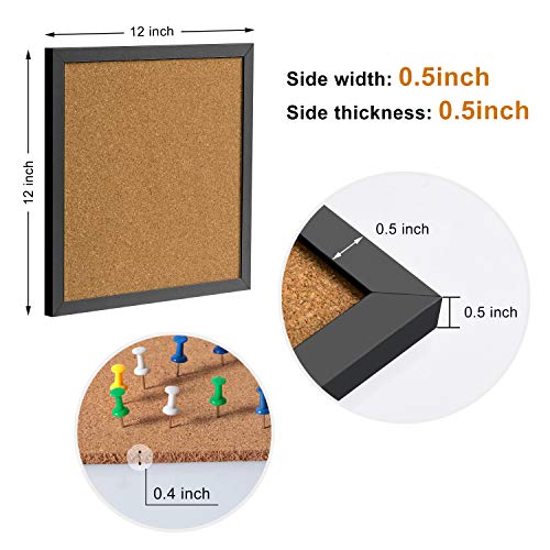 AkTop Cork Board Bulletin Board 12x12, Black Framed Corkboard 4 Pack, Small Square Pin Board for Wall, Mini Thick Cork Tiles with 16 Push Pin Wood Clips for School, Home & Office