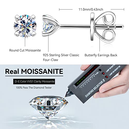 Moissanite Stud Earrings for Women and Men, 925 Sterling Silver Solitaire Diamond Earrings, Four-Prong Hypoallergenic Earrings for Sensitive Ears with 0.3ct D-E Color Moissanite