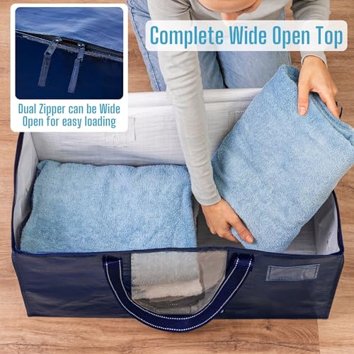 VENO 2 Pack Moving Bags, Comforter and Blanket Storage Bags for Closet, Moving Boxes, Boxes with Lids Alternative, College Dorm Packing Supplies, Foldable Heavy-Duty Tote with Window (Blue, 2 Pack)