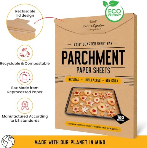 Quarter Sheet Pans 8x12 Inch Pack of 120 Parchment Paper Baking Sheets by Baker’s Signature | Precut Silicone Coated & Unbleached – Will Not Curl or Burn – Non-Toxic & Comes in Convenient Packaging