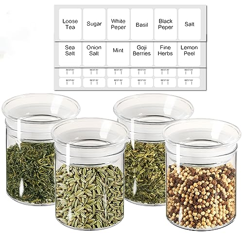 ZENS 10oz Glass Jars with Airtight Lid, 4 Pack Glass Kitchen Canisters Set with Airtight Lids for Spice, Loose Tea, Small Clear Glass Storage Jas Airtight Containers with Lables for Herbs, Sugar.