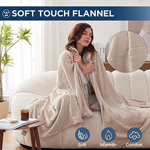 Westinghouse Electric Blanket Heated Throw, Super Cozy Soft Flannel 50" x 60" Heated Throw with 6 Fast Heating Levels & 2-10 Auto-Off, Machine Washable, ETL&FCC Certification, Home Office Use, Beige