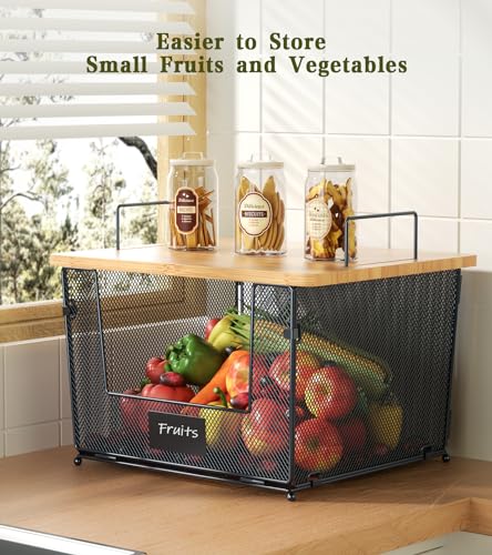 2 Set Stackable Wire Basket with Bamboo Top, Pantry Organization and Storage - Cabinet Shelf, Space-Saving Fruit Basket for Kitchen Counter for Produce, Vegetable, Bread, Potato and Onion Bin, Black