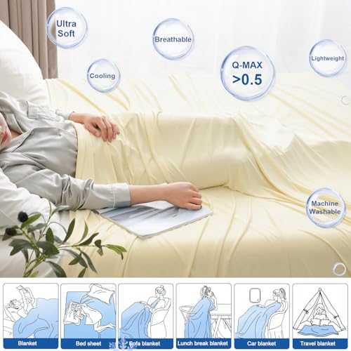 PHF Reversible Double Cooling Blanket Throw Size,Soft Arc-Chill Q-Max>0.5 Thin Summer Single Layer for Hot Sleepers,Breathable Lightweight Portable Silky for Home Office Travel Car,Alabaster Gleam
